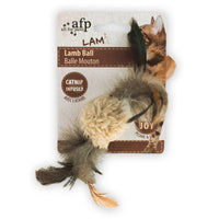 All for Paws AFP LAM Lamb Ball catnip cat toy, cream pom-pom with a feather tail, on its card