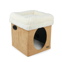 All for Paws AFP LAM two-in-one cat house in tan with a cream plush top, empty