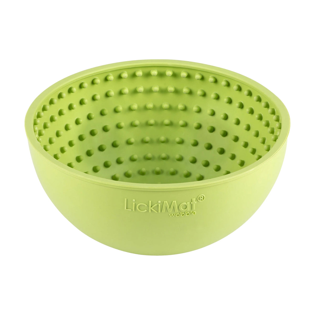 Green LickiMat Wobble treat bowl, round-bottomed with a nubbed inner surface