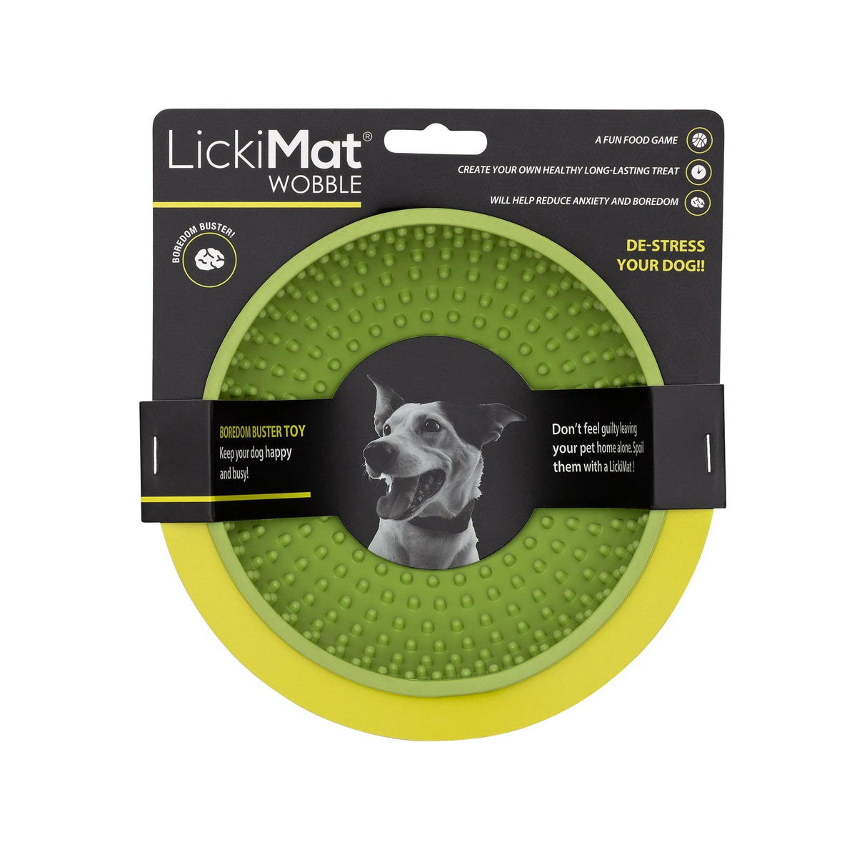 Green LickiMat Wobble treat bowl in its card, a fun food game for dogs
