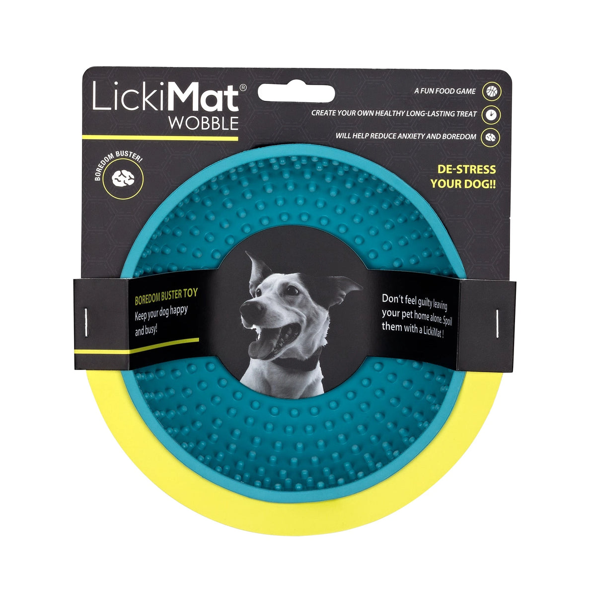 Turquoise LickiMat Wobble treat bowl in its card, a fun food game for dogs