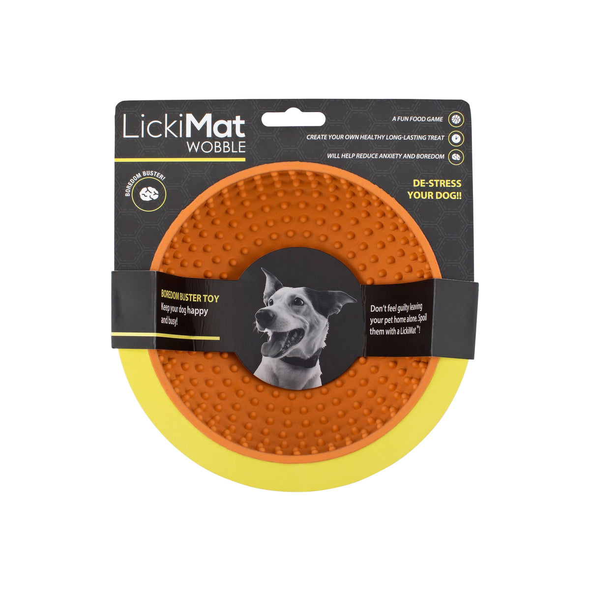 Orange LickiMat Wobble treat bowl in its card, a fun food game for dogs