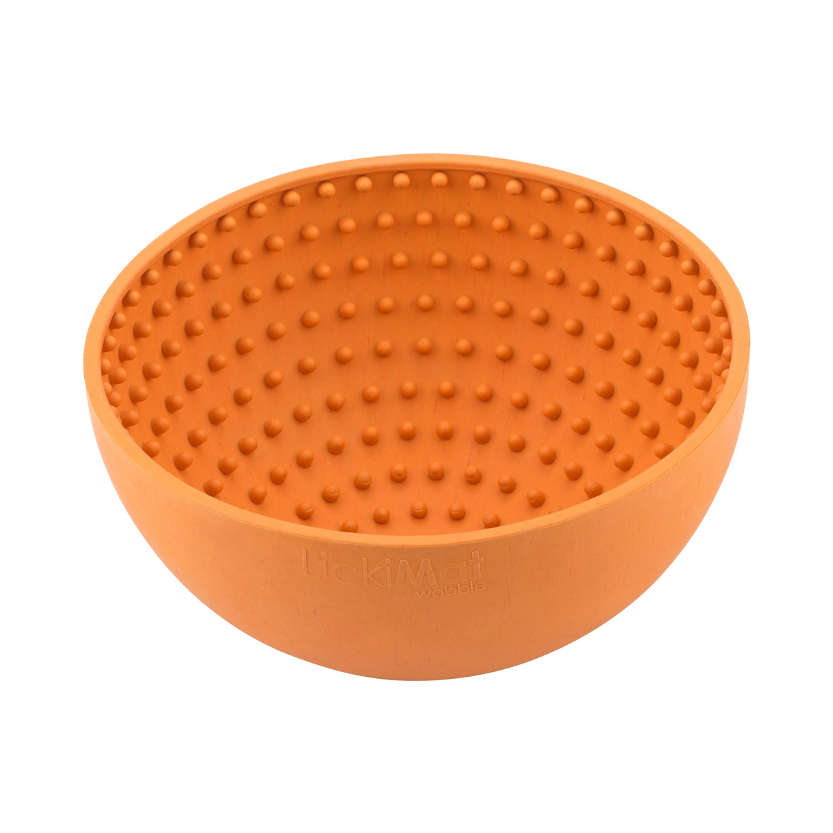 Orange LickiMat Wobble treat bowl, round-bottomed with a nubbed inner surface