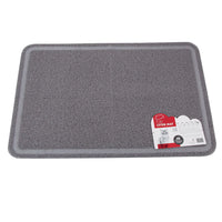 M-Pets rectangular cat litter mat in grey, coarse textured surface with a raised edge and label
