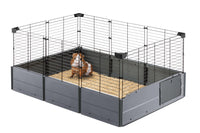 Guinea pig inside an open-top Ferplast Multipla Open cage on wood shavings