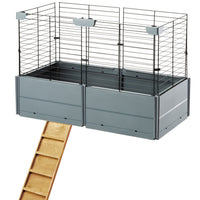 Ferplast Multipla roof extension fitted above a cage base with a wooden ramp leading down