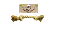 FurKidz Naturals two-knot jute rope dog tug with frayed ends, on its kraft retail card