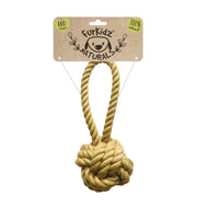 FurKidz Naturals jute sling ball: a rope handle with a woven knot ball, on its card