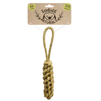 FurKidz Naturals jute log dog toy: a thick coiled jute column with a rope loop handle, on card