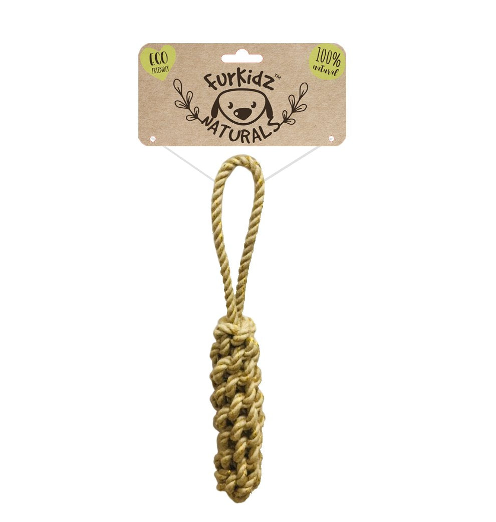 FurKidz Naturals jute log dog toy: a thick coiled jute column with a rope loop handle, on card