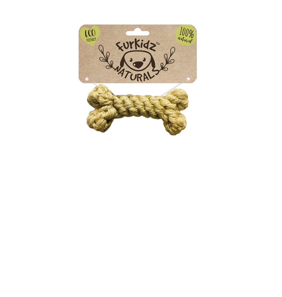FurKidz Naturals jute rope bone, twisted natural fibre tied into a bone shape, on card