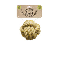 Small FurKidz Naturals woven jute ball dog toy on its kraft FurKidz Naturals card