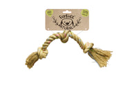 FurKidz Naturals triple-knot jute rope tug with frayed tassel ends, on its kraft card