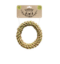 FurKidz Naturals jute rope ring dog toy, coiled natural fibre, on its kraft card