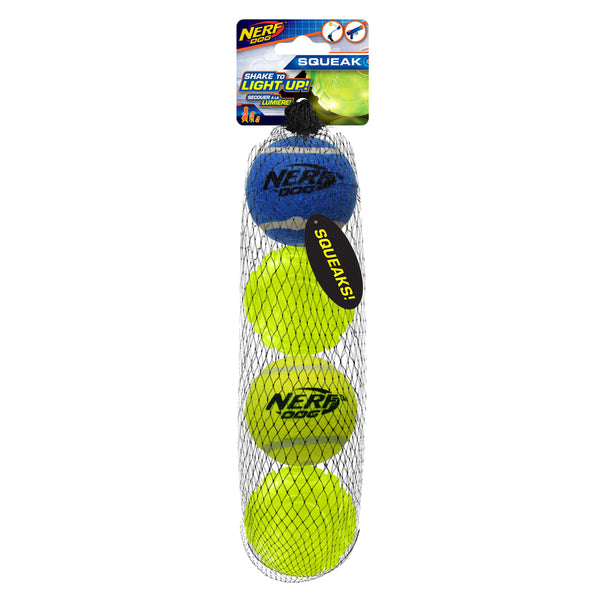 Nerf Dog Toy - 4 Ball Pack - 2 x Squeak Tennis Balls / 2 x TPR Lightning LED Balls 6.25cm 01