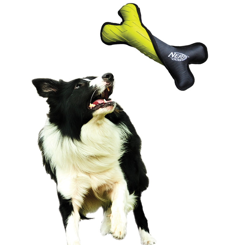 Nerf Tuff Dog Toy - Rubber Nylon Plush Bone Green/Grey 28 cm 04