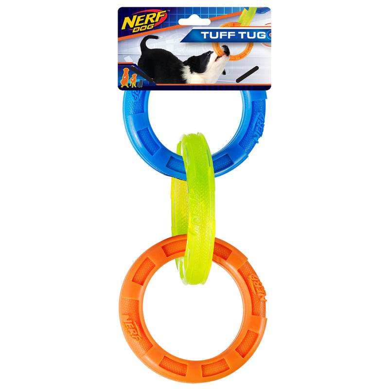 Nerf Dog Toy - TPR 3 Ring Tug Blue, Green and Orange 29cm 01