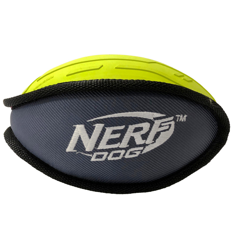 Nerf Tuff Dog Toy - Rubber Nylon Plush Football Green/Grey 17 cm 06