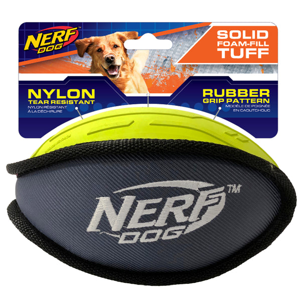 Nerf Tuff Dog Toy - Rubber Nylon Plush Football Green/Grey 17 cm 01