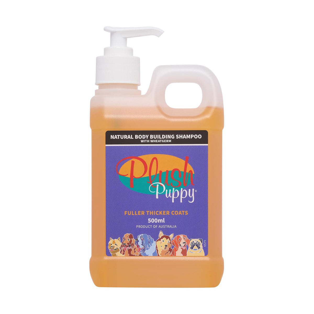Plush Puppy Natural Body Building Shampoo with Wheatgerm 500ml – front of pump bottle