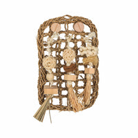 Nature Island small animal play wall: woven seagrass mat with wooden discs, beads and raffia