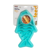 Front of the Petstages Hunt 'N Snack Mat retail card showing the teal fish-shaped cat feeding mat