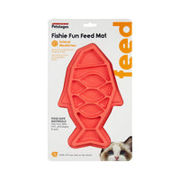 Front of the Petstages Fishie Fun Feed Mat retail card showing the red fish-shaped cat mat