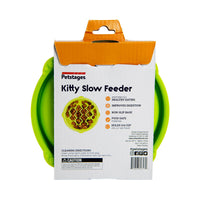 Petstages Kitty Slow Feeder retail box showing the green wave-pattern cat bowl