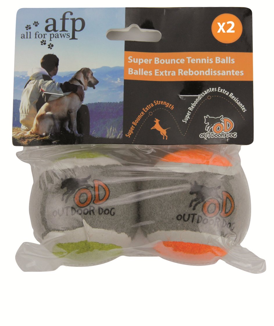 All for Paws AFP Outdoor Dog Super Bounce tennis balls, two-pack in its hanging retail pack