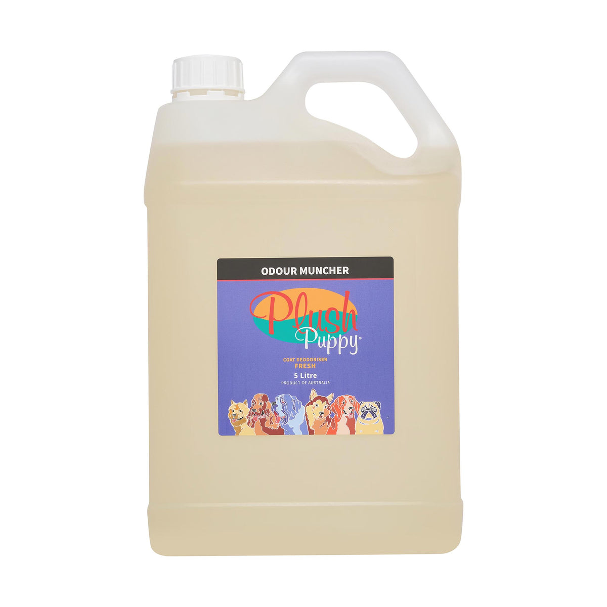 Plush Puppy Odour Muncher Fresh Coat Deodoriser 5 Litre – front of jerry can