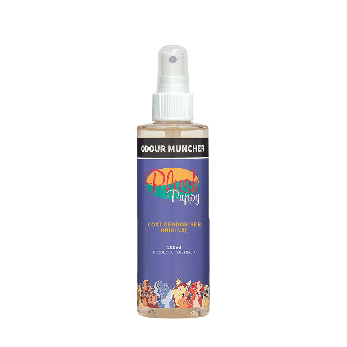 Plush Puppy Odour Muncher Original Coat Deodoriser 200ml – front of spray bottle