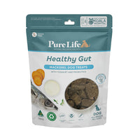 Pure Life Healthy Gut Mackerel dog treats 100g pouch front, with yoghurt and probiotics