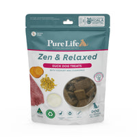 Pure Life Zen and Relaxed Duck dog treats 100g pouch front, with yoghurt and chamomile