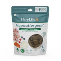 Pure Life Hypoallergenic Crocodile dog treats 100g pouch front, with yoghurt and superfoods
