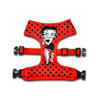 Dashi Vintage Betty Neo Mesh dog harness, Betty Boop and LOVE on red with black spots, laid flat