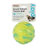 Petstages Grunt 'N Punt retail card with the green and yellow marbled rubber fetch ball