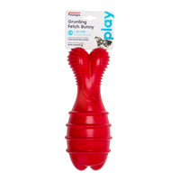 Petstages Grunting Fetch Bunny retail card showing the red ridged rubber dog toy