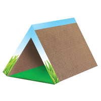 Petstages Fold Away cardboard cat scratcher and tunnel, an A-frame with blue and green edges