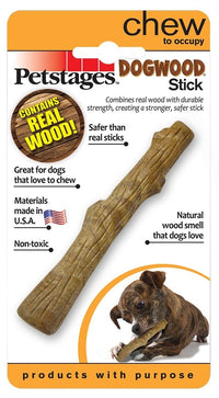 Front of the Petstages Dogwood Stick retail card showing the real-wood dog chew stick