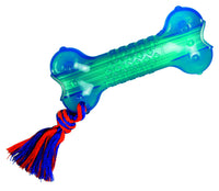 Petstages Orka floating bone dog chew, blue and green translucent bone threaded with a red and blue rope