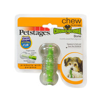 Petstages CrunchCore Bone retail card showing the green ridged dog chew bone