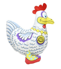 Petstages Madcap Well-Heeled Poultry plush dog toy, a white hen with purple wings and red high-heeled shoes
