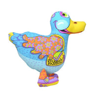 Petstages Madcap Splashin' Fashion Duck plush dog toy, a blue duck with an orange floral wing and purple shoe