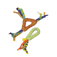 Petstages Dental Health Textures cat chew toys, an orange mesh triangle and a green mesh loop with ribbon tails