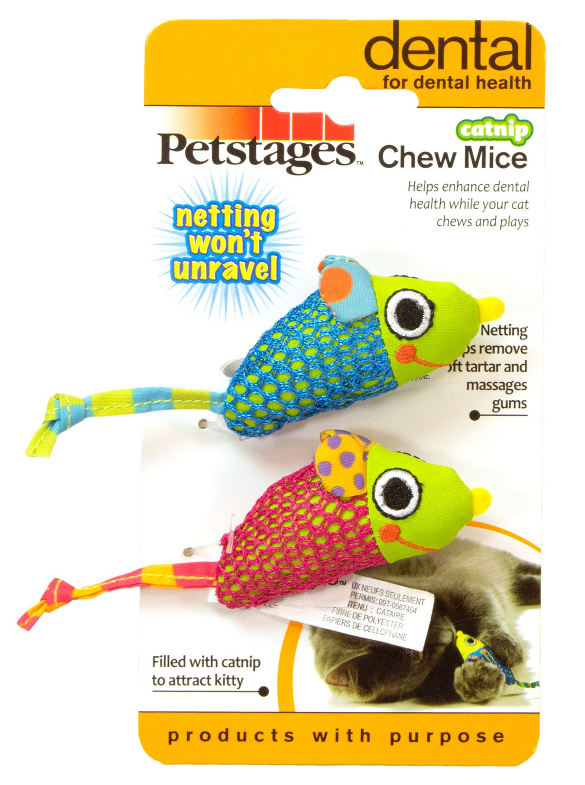 Petstages Chew Mice retail card showing two mesh dental cat toys shaped like mice with tails
