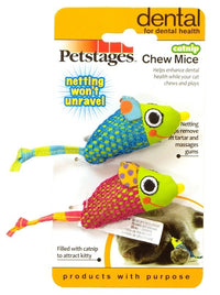 Petstages Chew Mice retail card showing two mesh dental cat toys shaped like mice with tails