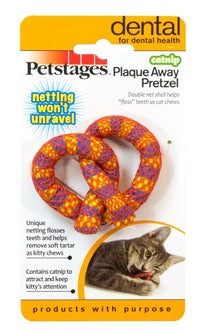 Petstages Plaque Away Pretzel retail card showing the orange pretzel-shaped mesh cat toy