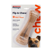Petstages Dogwood Flip & Chew retail card showing the real-wood bone-shaped dog chew