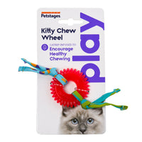 Petstages Kitty Chew Wheel retail card showing the red spiked cat toy with fabric streamers
