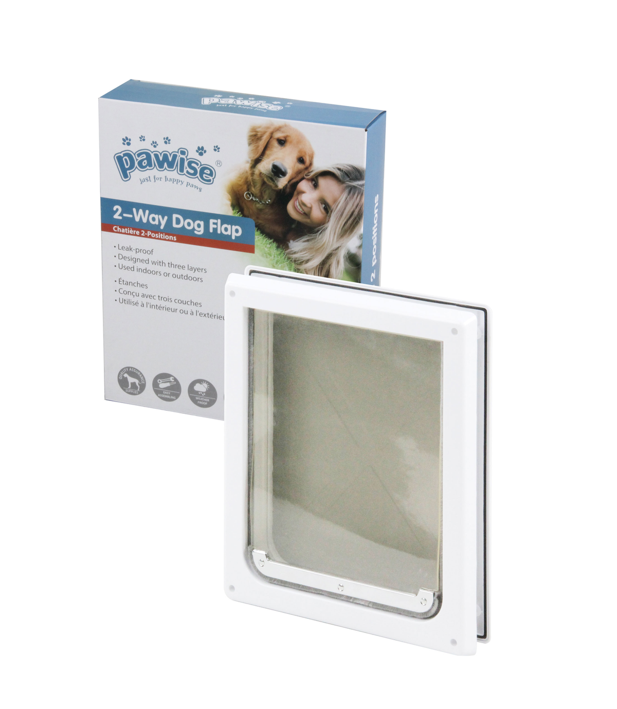 PaWise 2-Way Dog Flap in its retail box, small size, white frame with clear flap
